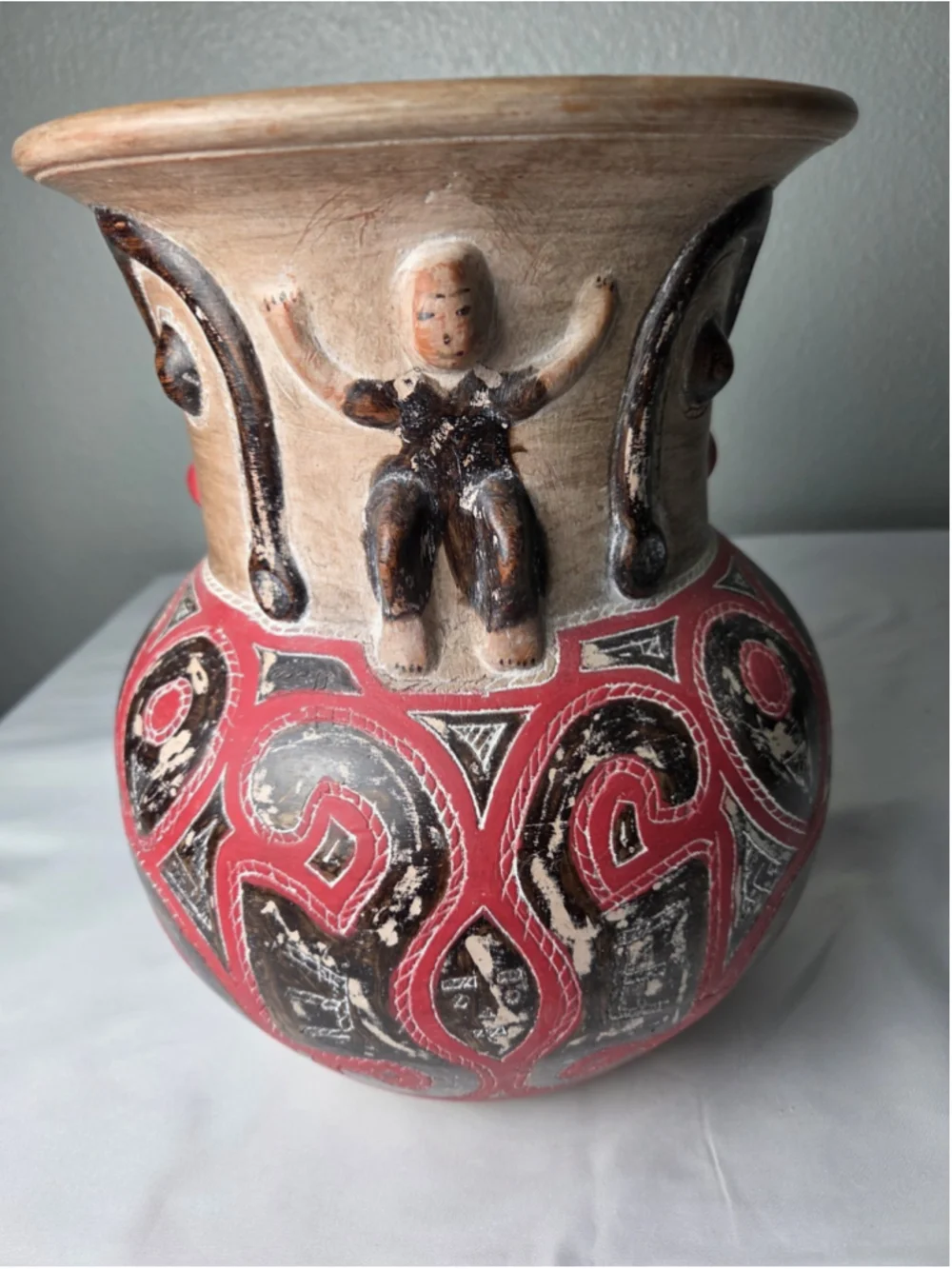 Marajoara Style Anthropomorphic Ceramic Vase Brazilian Amazon Folk Art Hand
